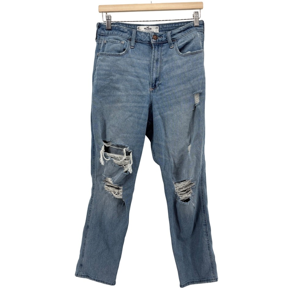 Hollister Womens Curvy Ultra High-Rise‎ Mom Jeans Size 8R W29R Blue Distressed